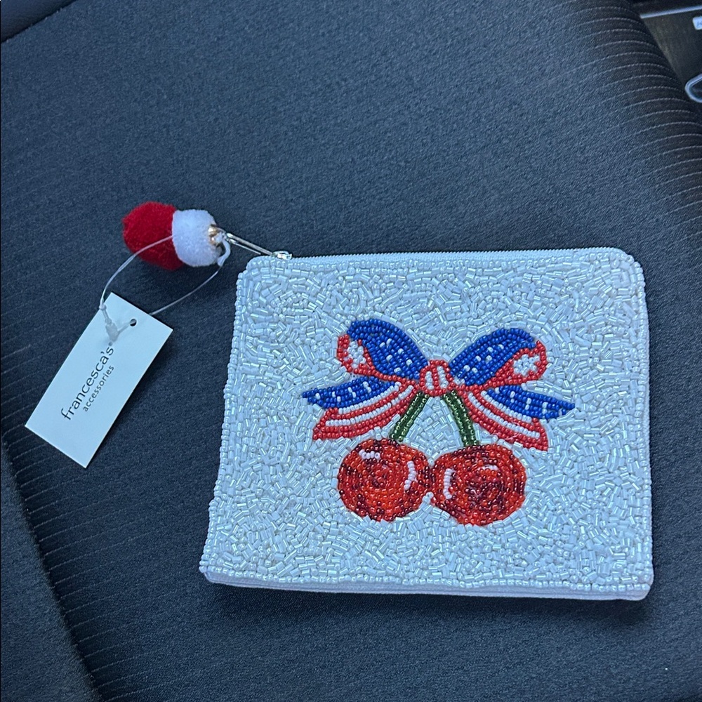 Francesca's Collections Beaded Cherry Pouch with Blue Bow